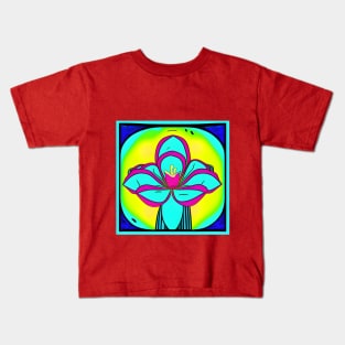 Cartoon Teal Flower Yellow Background | AI Generated Design by @remlorart Kids T-Shirt